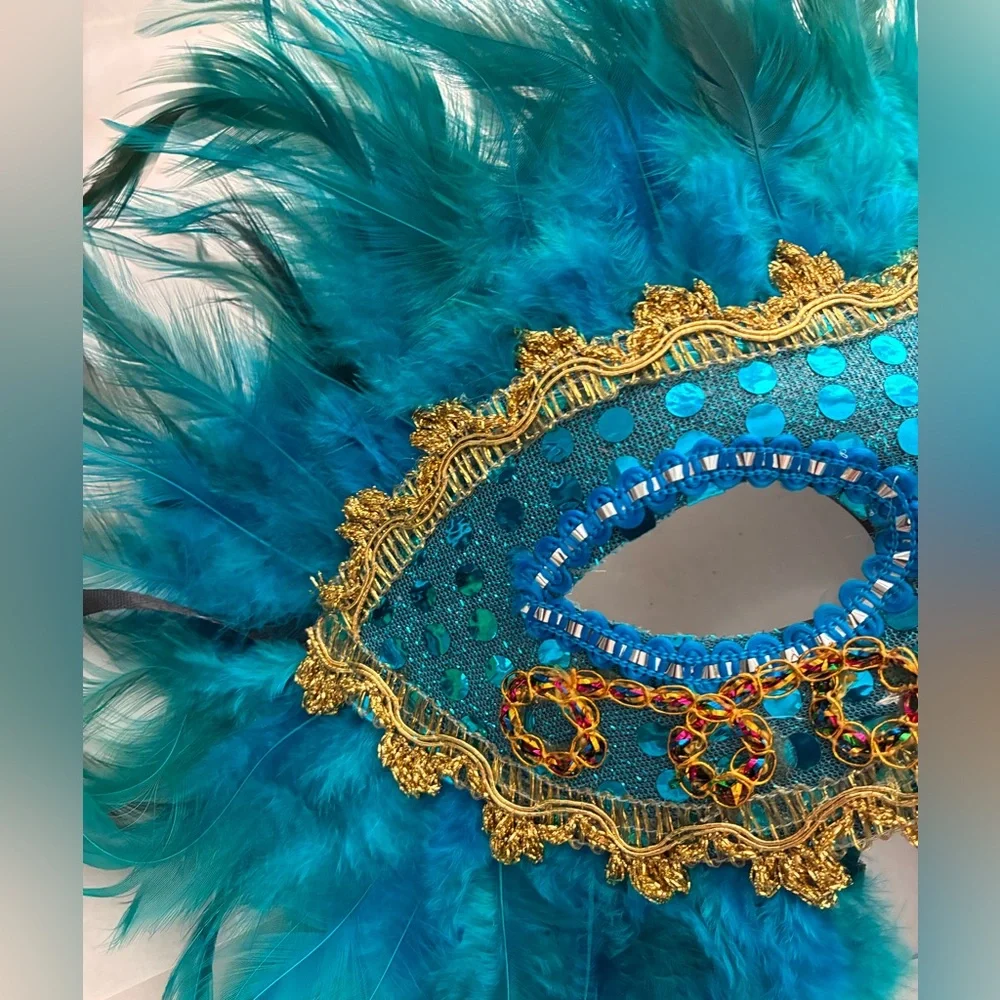 Teal and Gold Feathered Masquerade Mask